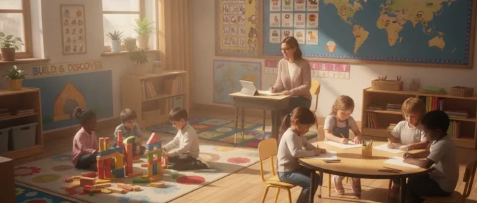 Preschool teacher observing children at different learning stations in a bright classroom