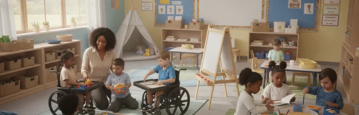 Inclusive preschool classroom with diverse children learning together
