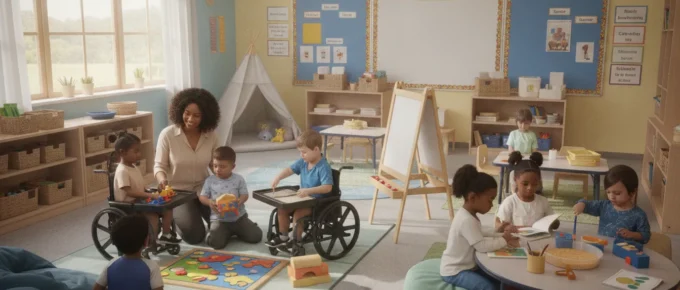 Inclusive preschool classroom with diverse children learning together