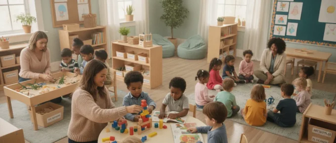 Preschool classroom with engaged teachers and children in a supportive early childhood education environment