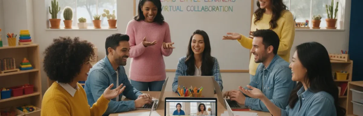 A professional photograph of happy early childhood teachers in a modern Texas preschool classroom
