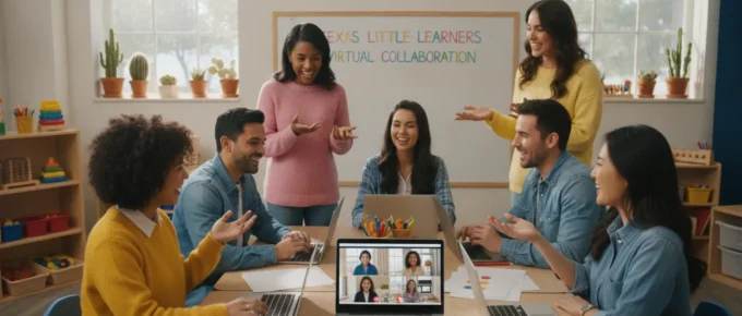 A professional photograph of happy early childhood teachers in a modern Texas preschool classroom