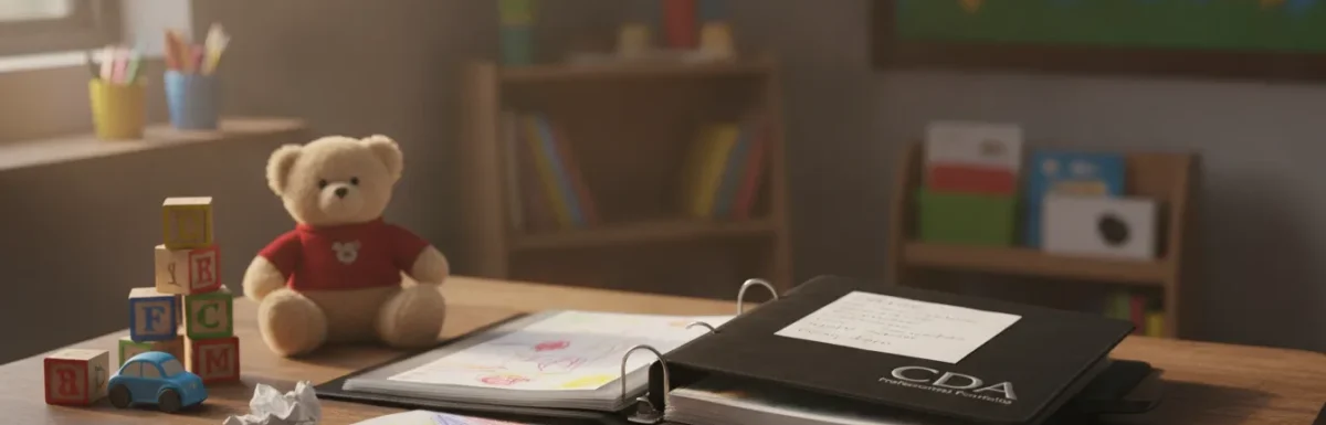 An open CDA Professional Portfolio binder sitting on a classroom table with children toys
