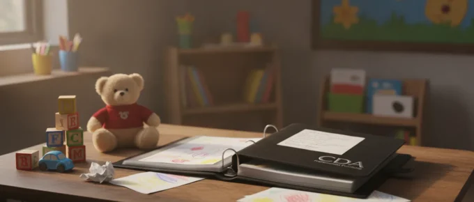 An open CDA Professional Portfolio binder sitting on a classroom table with children toys