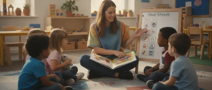 Preschool teacher reading to children in a bright classroom with visual schedule cards