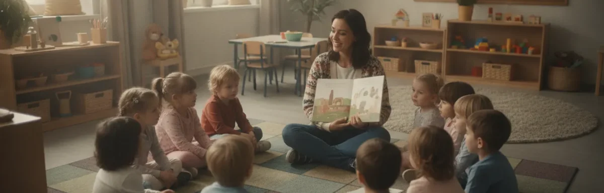 Warm preschool classroom with teacher reading to attentive young children on colorful carpet