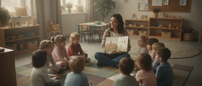 Warm preschool classroom with teacher reading to attentive young children on colorful carpet