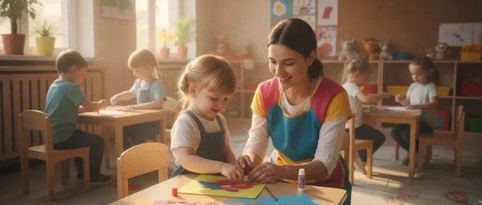 Preschool teacher working with young children in a bright classroom setting