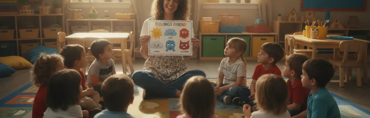 Preschool teacher reading a feelings chart to young children in a circle