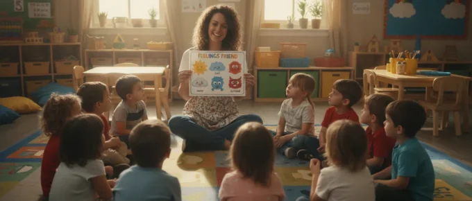 Preschool teacher reading a feelings chart to young children in a circle