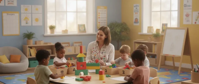 Early childhood educator working with preschool children in a bright classroom with colorful learning materials