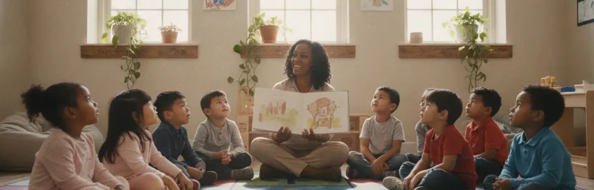 Preschool children sitting on classroom rug with their teacher reading a book