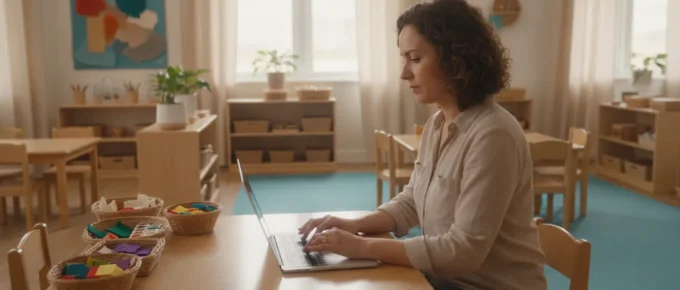 Educator studying for a child development associate online course in a preschool classroom