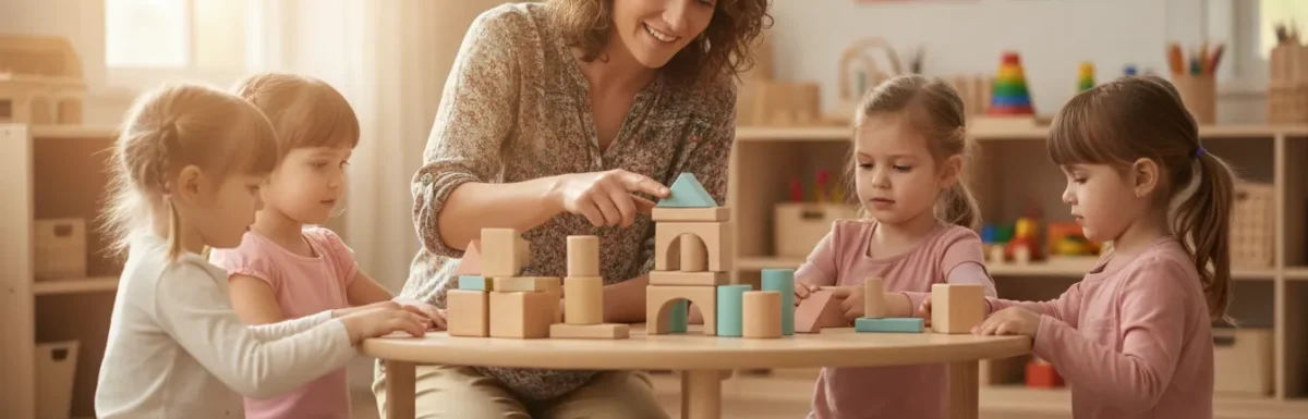 Early childhood educator leading a hands-on learning activity with preschool children in a bright classroom
