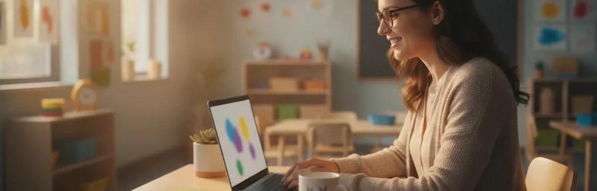 Educator studying an online CDA 120 hour course beside a preschool classroom