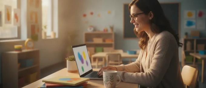 Educator studying an online CDA 120 hour course beside a preschool classroom
