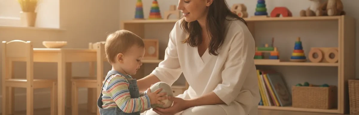 Early childhood educator caring for a toddler in a bright infant and toddler classroom