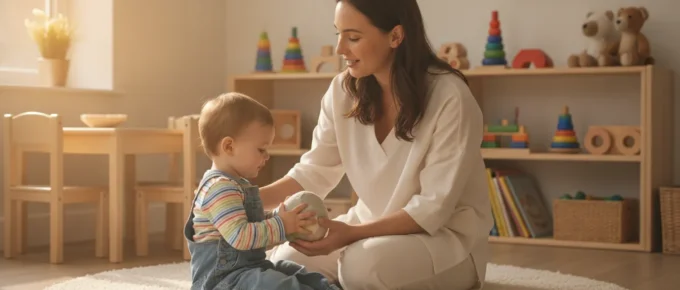 Early childhood educator caring for a toddler in a bright infant and toddler classroom