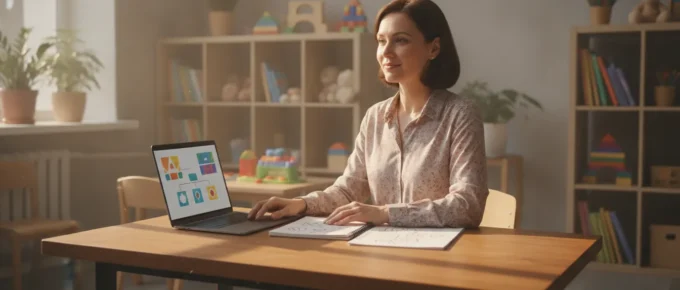 Early childhood educator planning her CDA credential renewal at a laptop in a warm preschool classroom