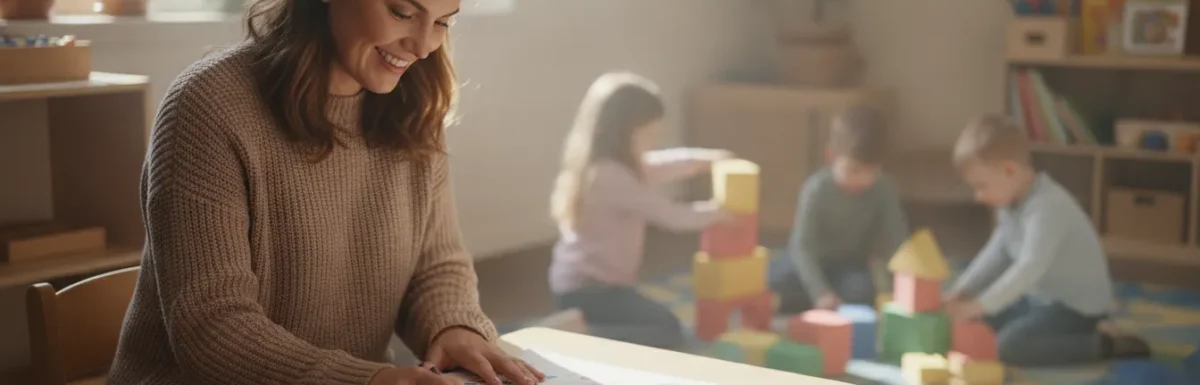 Early childhood educator reviewing course materials in a bright daycare classroom