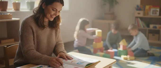 Early childhood educator reviewing course materials in a bright daycare classroom