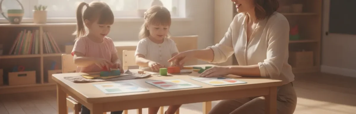 Early childhood educator guiding young children through a hands-on learning activity in a bright preschool classroom