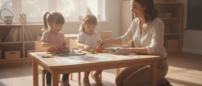 Early childhood educator guiding young children through a hands-on learning activity in a bright preschool classroom