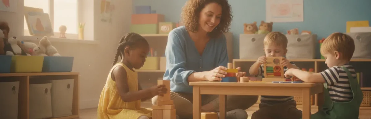 Preschool teacher guiding young children in a bright early childhood classroom