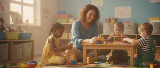 Preschool teacher guiding young children in a bright early childhood classroom