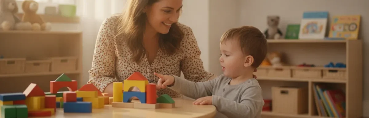 Early childhood educator kneeling beside a young child at a low classroom table