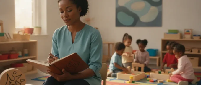 Early childhood educator reviewing a career development plan in a preschool classroom