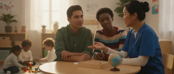 Childcare director coaching early childhood educators in a preschool classroom