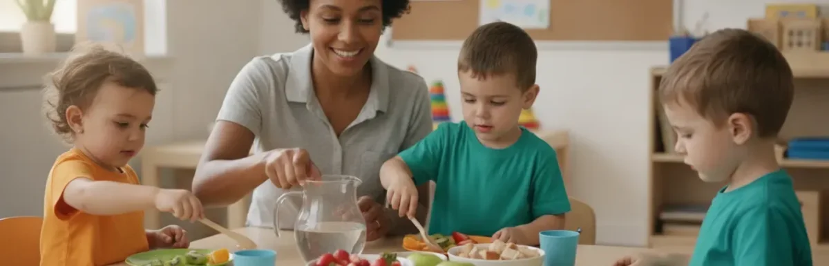 Early childhood educator guiding children through a healthy menu activity for a CDA portfolio