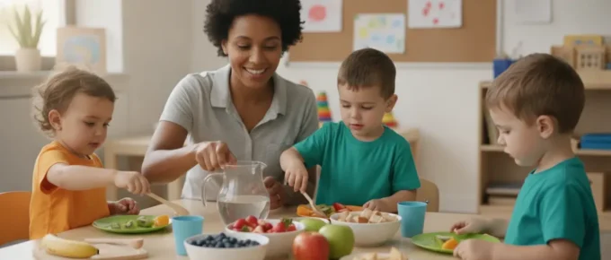 Early childhood educator guiding children through a healthy menu activity for a CDA portfolio