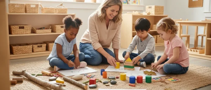 Preschool teacher guiding children through open-ended classroom activities