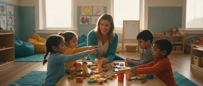 Early childhood educator observing children during collaborative classroom play