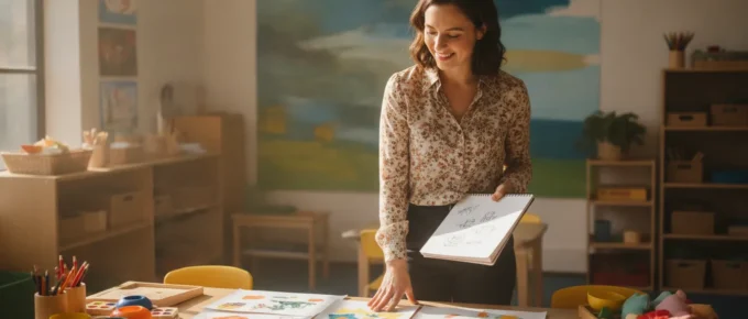 Early childhood educator preparing reflective CDA portfolio notes in a preschool classroom