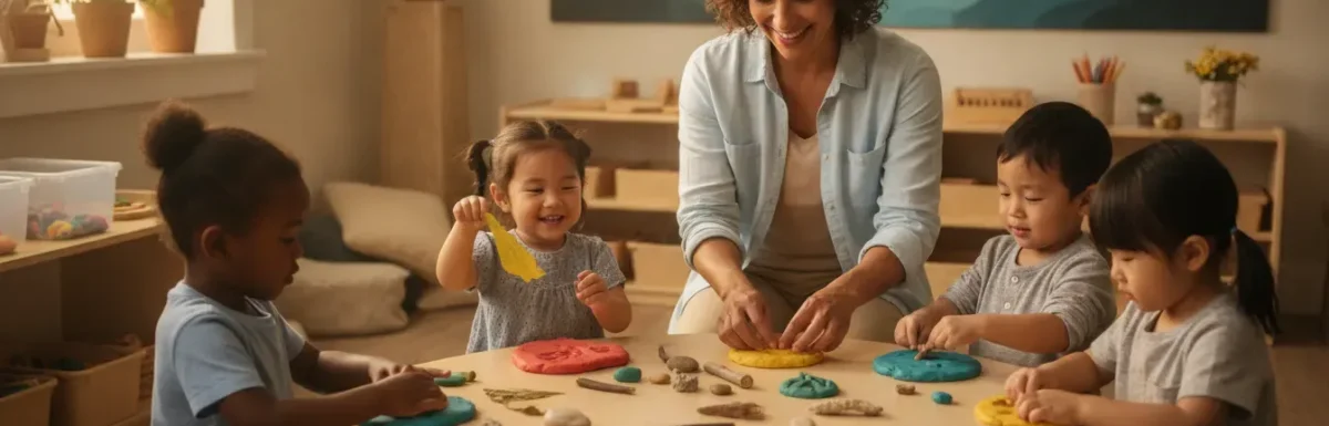 Preschool teacher guiding children through a hands-on classroom activity