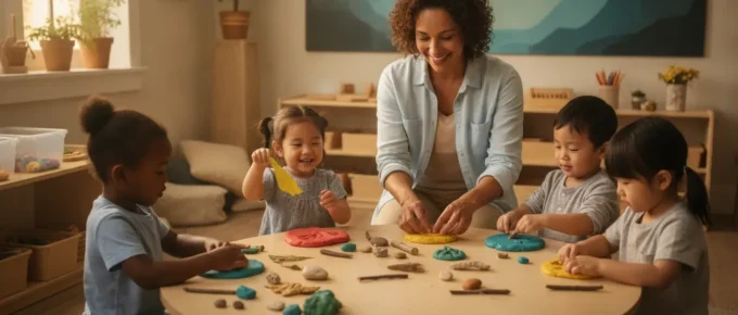 Preschool teacher guiding children through a hands-on classroom activity