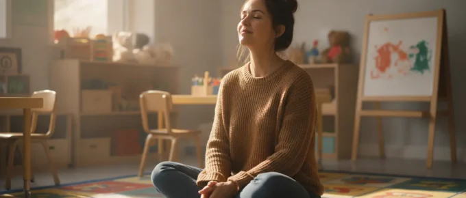 Preschool teacher taking a reflective pause in a bright classroom