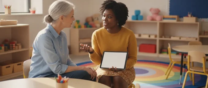 Preschool teacher preparing for an interview in a bright early learning classroom