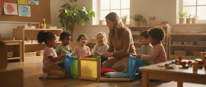 Early childhood educator guiding preschool children through a classroom activity